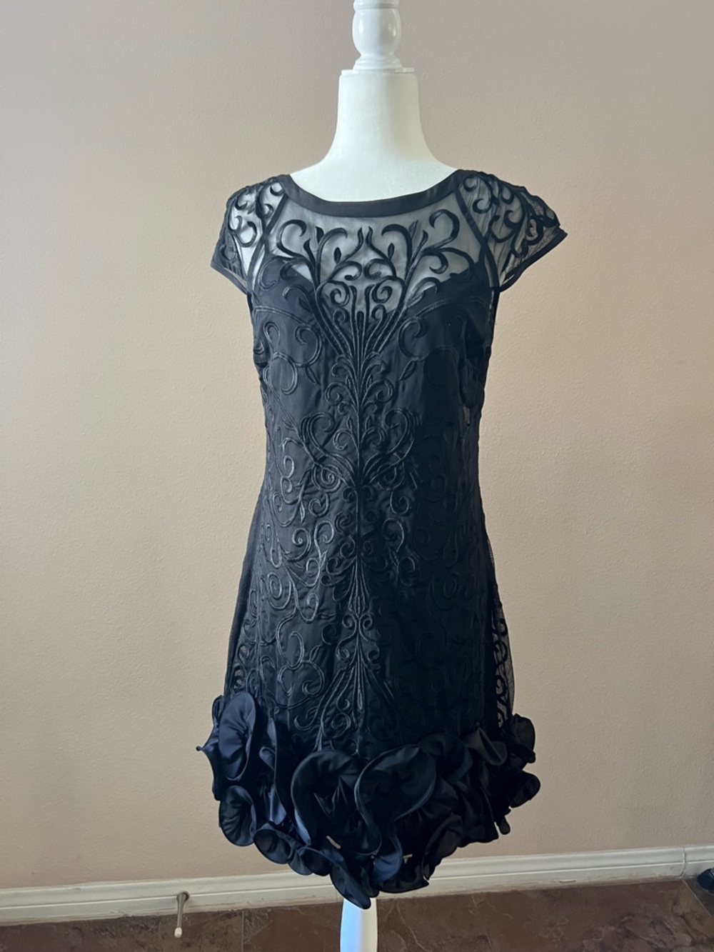 Guess Black Sheer Yoke Embroidered Mini Dress with Rosette Hem